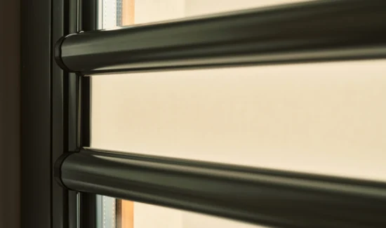 Nahaufnahme eines modernen Fensters mit Sonnenblenden