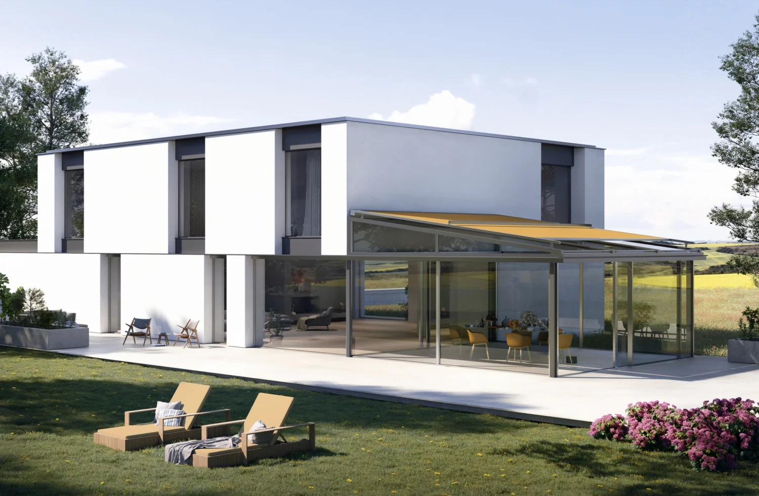 Modernes Einfamilienhaus mit großem Wintergarten und Gartenmöbeln