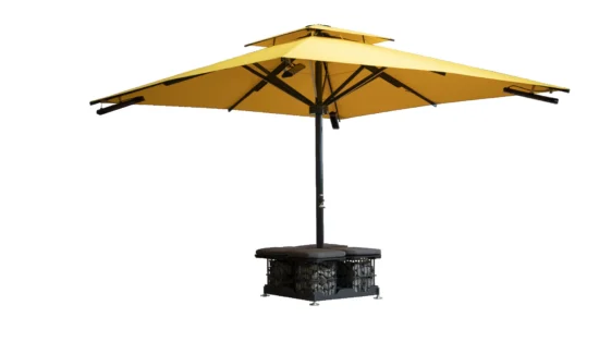 Moderner gelber Sonnenschirm mit stabilem Sockel